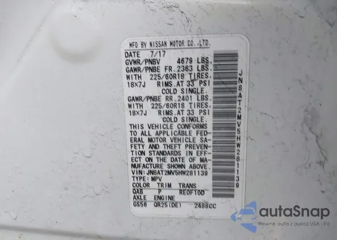 2017 Nissan Rogue Sl из США, поврежденный, VIN JN8AT2MV5HW281139